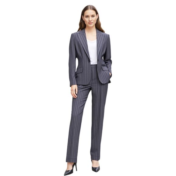 Anne Klein Gray Blue Pin Stripe Wool Blend Pantsuit Size 6 - Picture 1 of 16